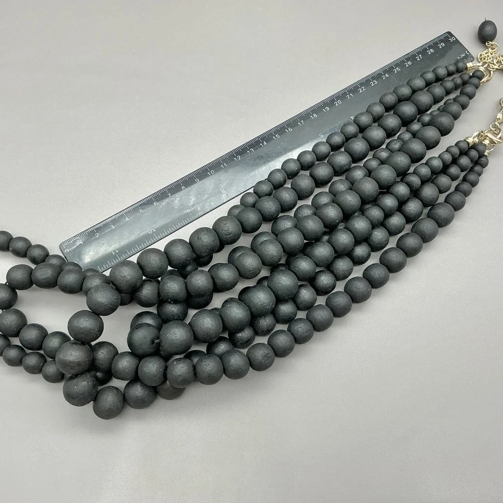Chico's Necklace Black Wood Bead Multi Strand Layered Statement Gold Tone Boho
